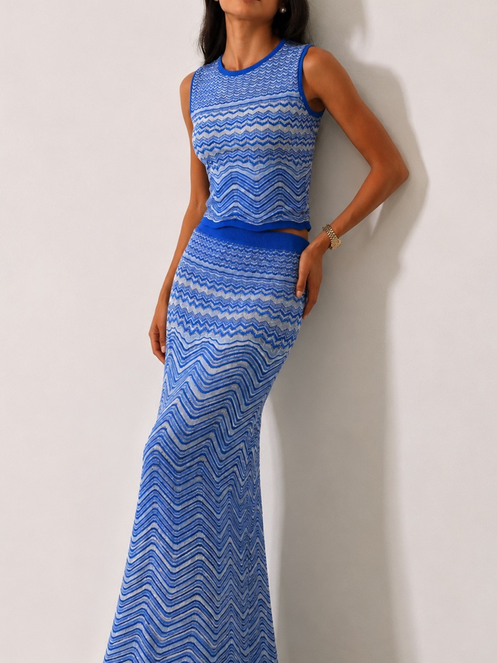 Commense Chevron Knit Sleeveless Top & Maxi Skirt Set